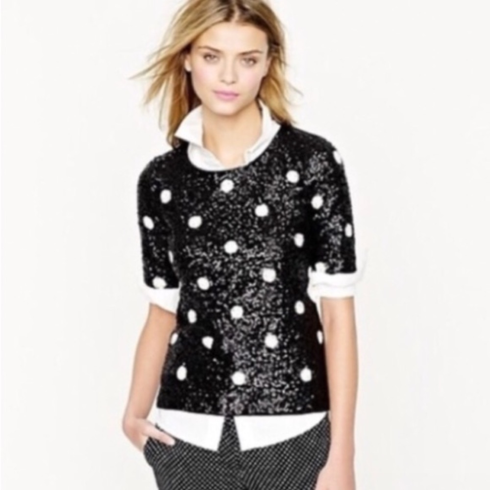 J.Crew sequined white polka dot black short sleeve crew neck top Sz.XXS
